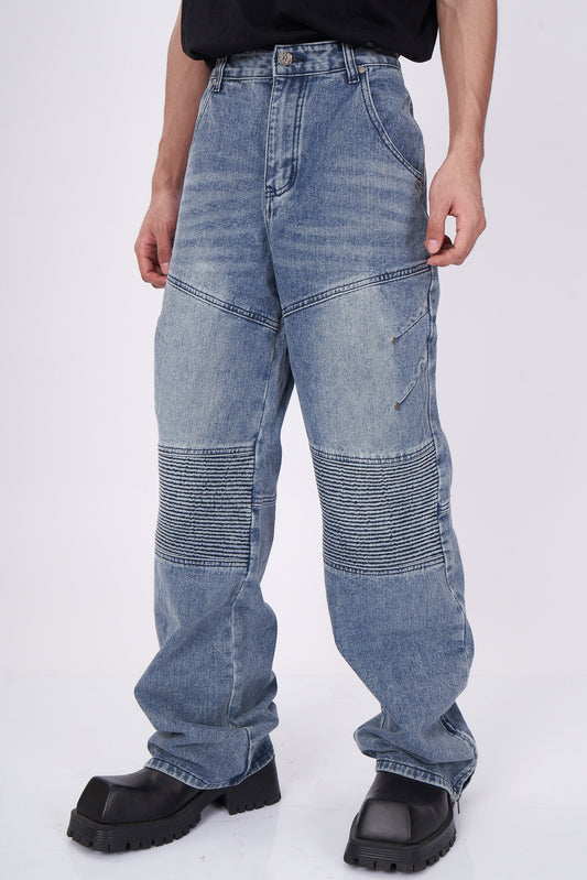 Blue Panelled Moto-Style Wide Leg Jeans