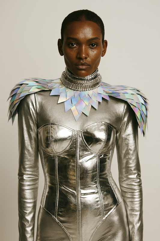 Silver Holographic Feathered Shoulder Bolero