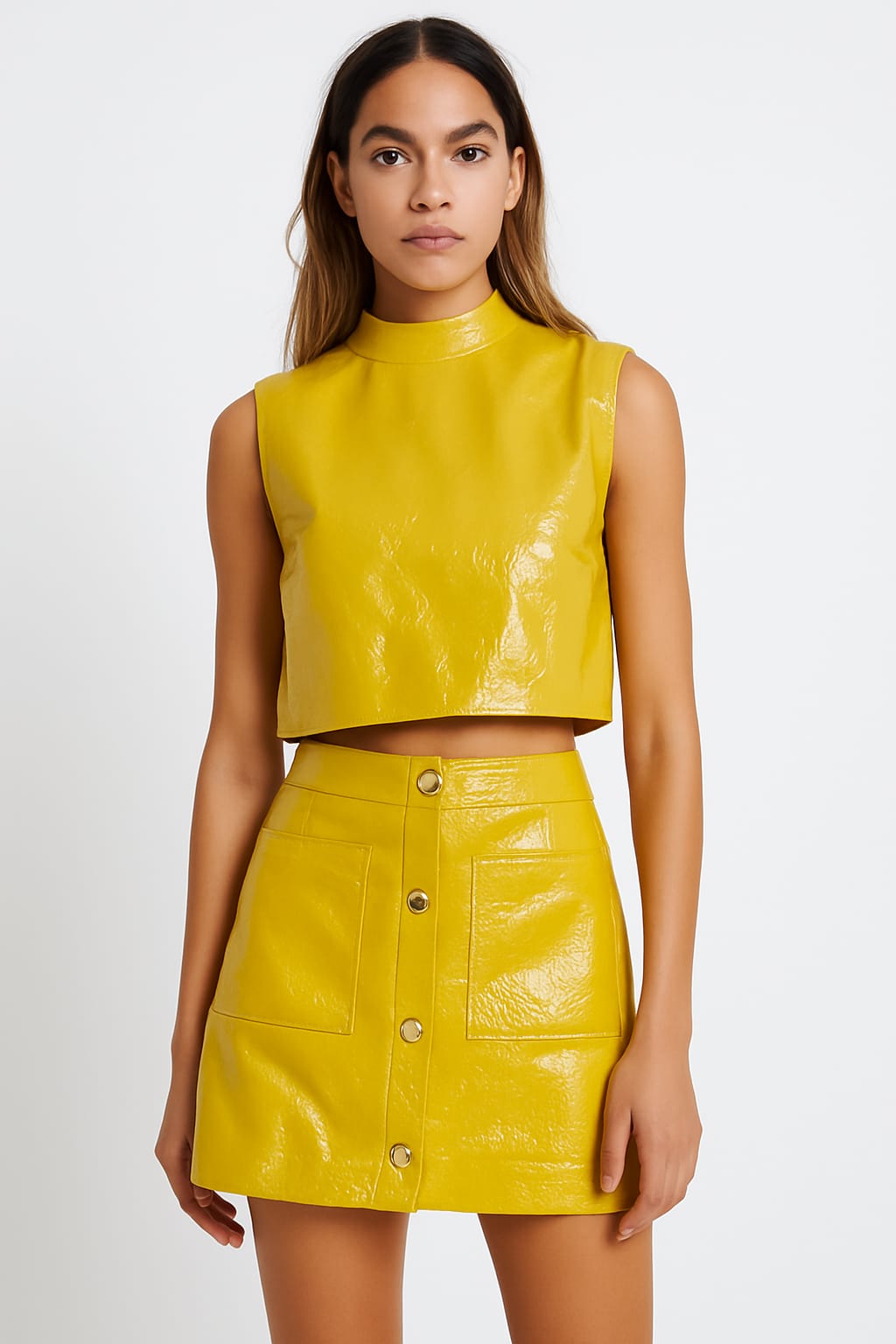 Mustard Glossy Leather Skirt Set