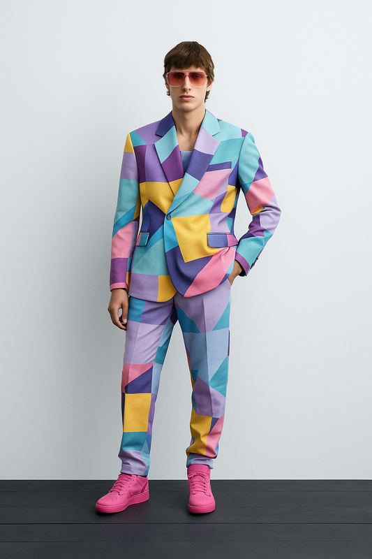Multicolor Geometric Patchwork Suit – Bold Statement Set