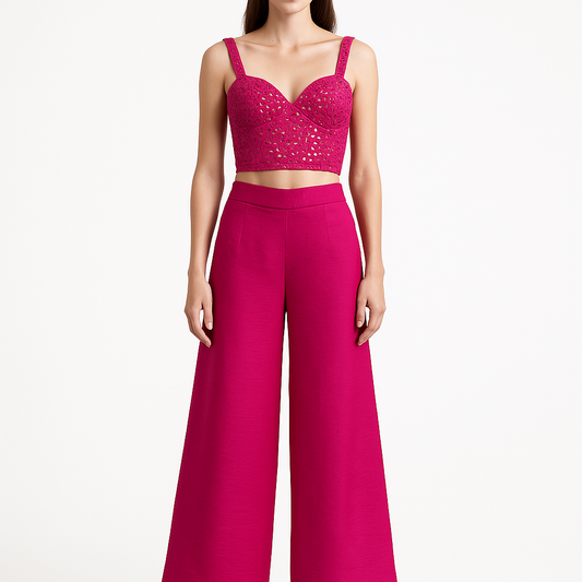 Hot Pink Mirror Work Bustier with Wide-Leg Pants Set