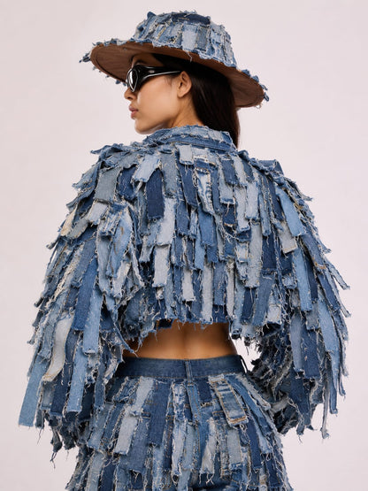 Layered frayed denim jacket