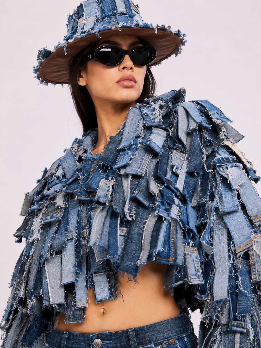 Layered frayed denim jacket