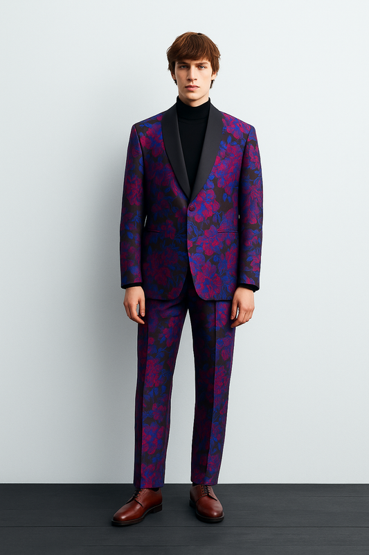 Midnight Burgundy Floral Jacquard Suit – Satin Lapel Edition
