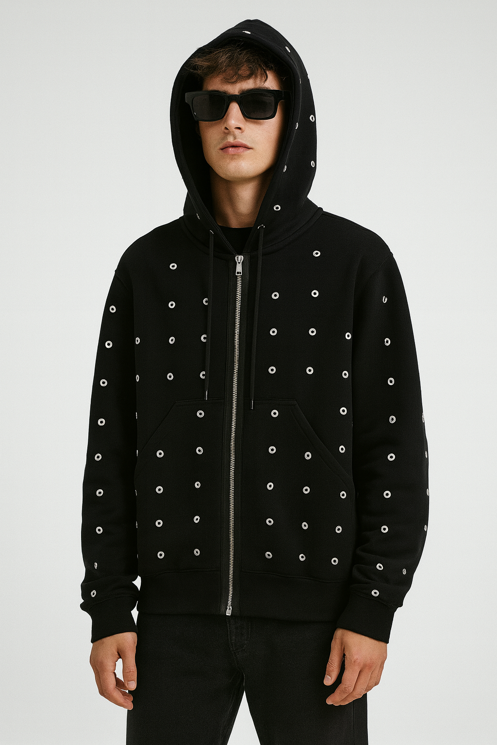Black Eyelet Detail Zip Hoodie