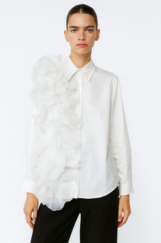 White Sculpted Ruffle Accent Shirt