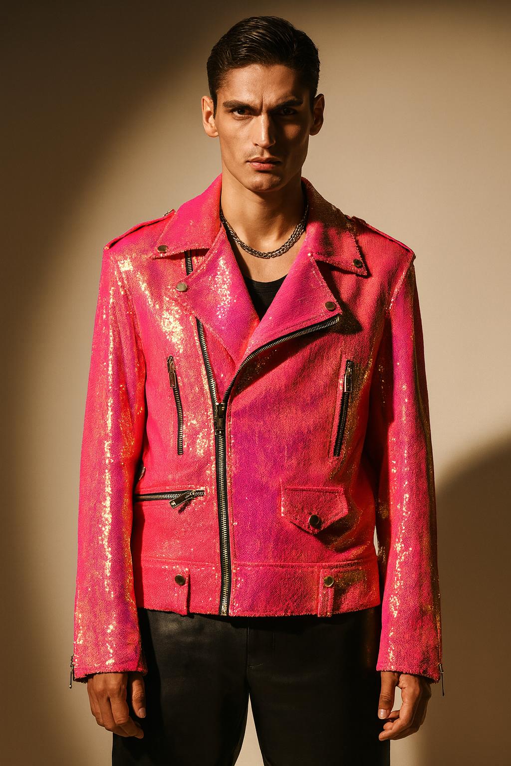 Hot Pink High-Shine Sequin Moto Jacket