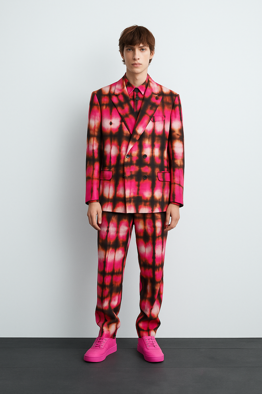Neon Pink Tie-Dye Double-Breasted Suit – Statement Fashion Set