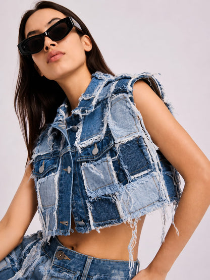 Denim patched sleeveless jacket