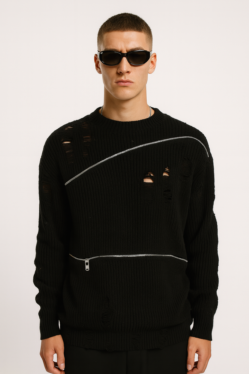 Black Ribbed Distressed Zipper Jumper