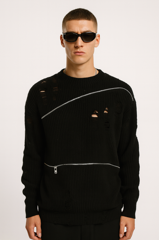 Black Ribbed Distressed Zipper Jumper