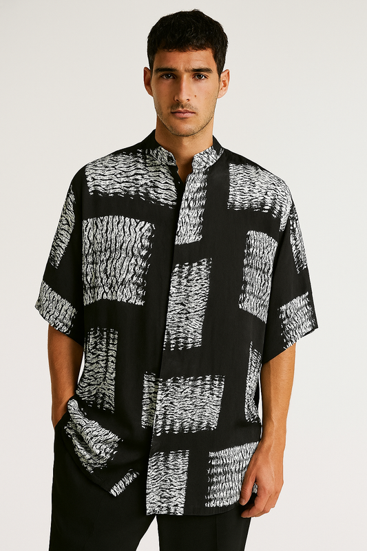 Black Abstract Print Band Collar Shirt
