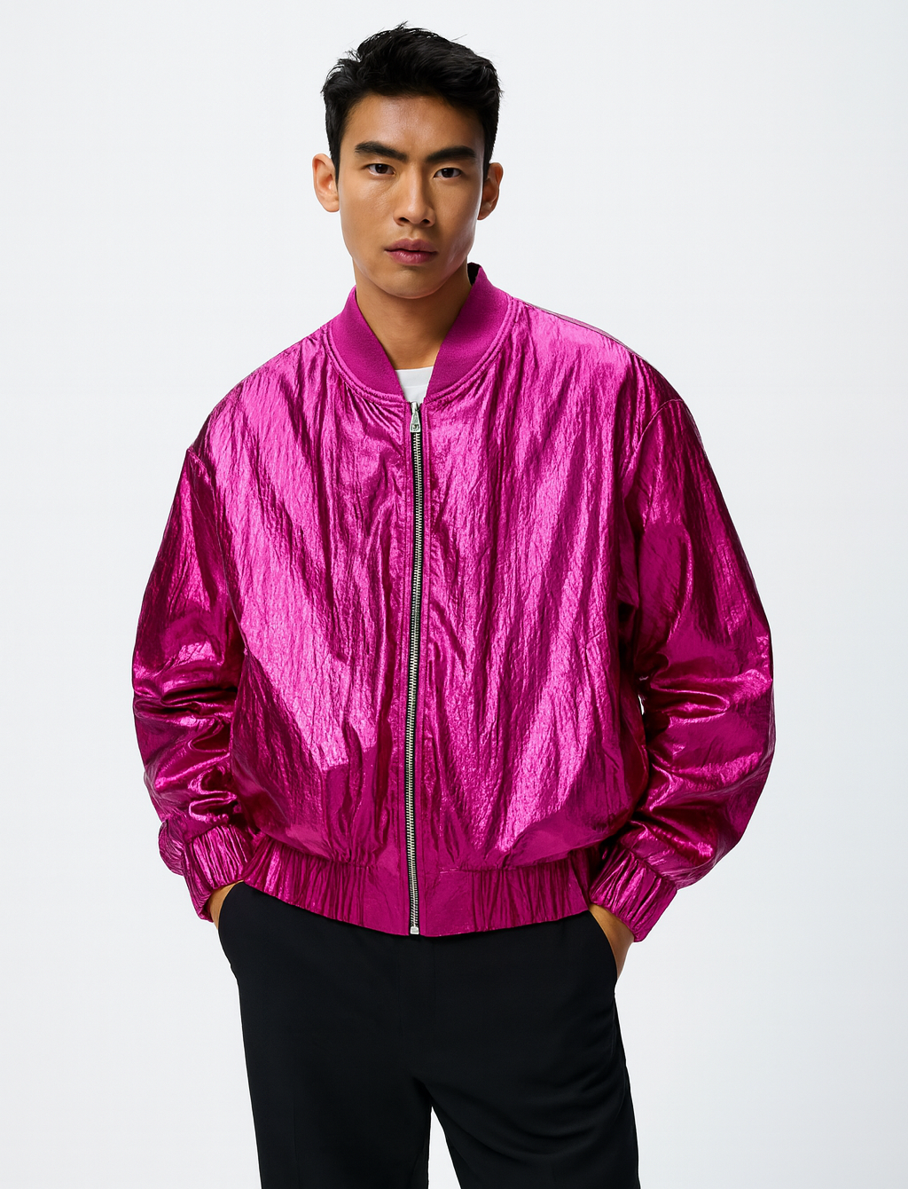 Metallic Magenta High-Shine Bomber Jacket