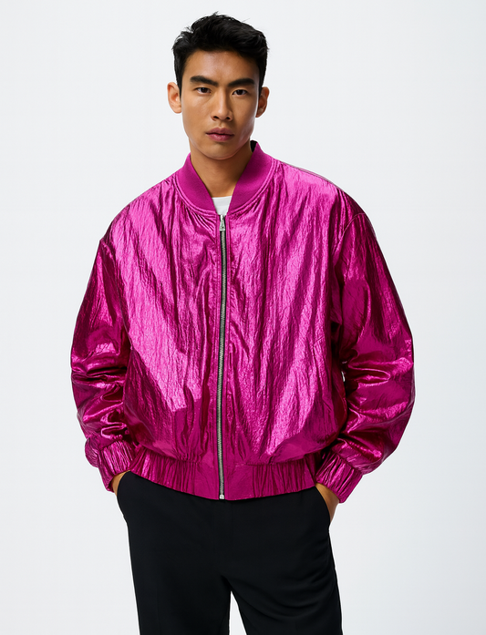 Metallic Magenta High-Shine Bomber Jacket