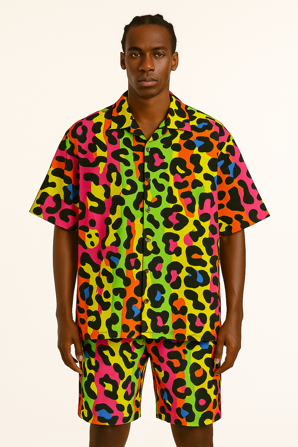 Neon Multicolor Leopard Print Short-Sleeve Co-Ord Set