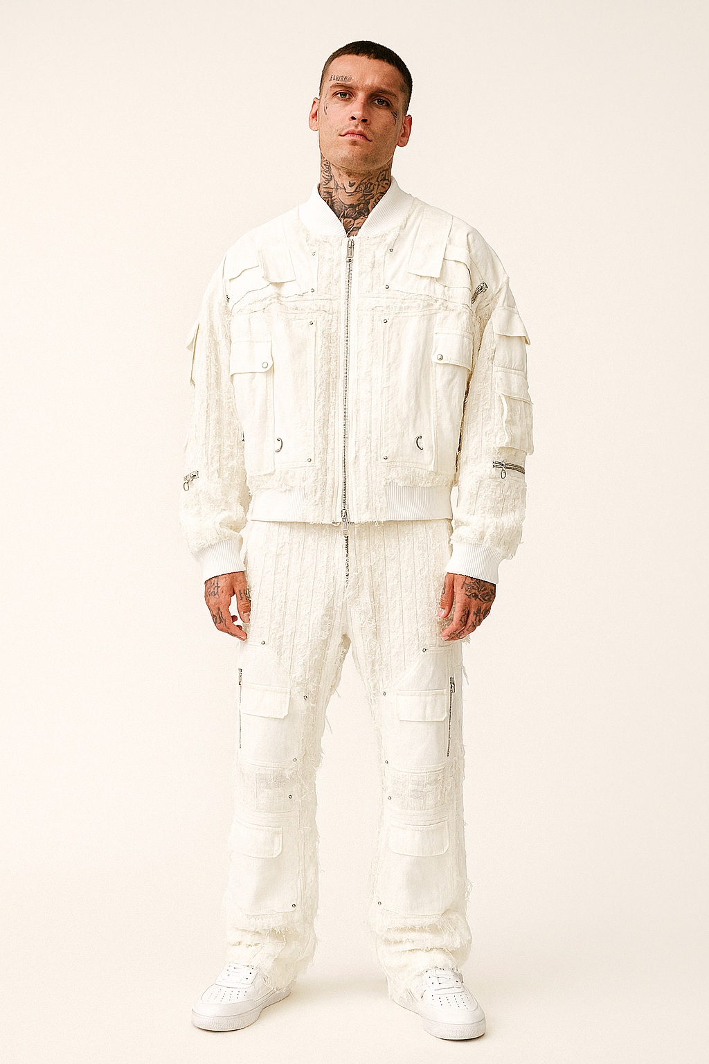 White Textured Utility Cargo Co-ord Set