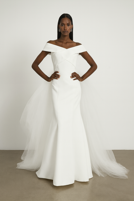 Off-Shoulder White Tulle Gown