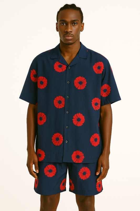 Navy & Red Floral Short-Sleeve Co-Ord Set