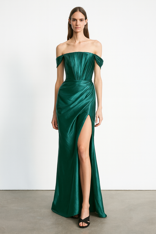 Emerald Off-Shoulder Satin Gown