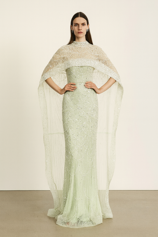 Mint Embellished Gown with Cape Overlay