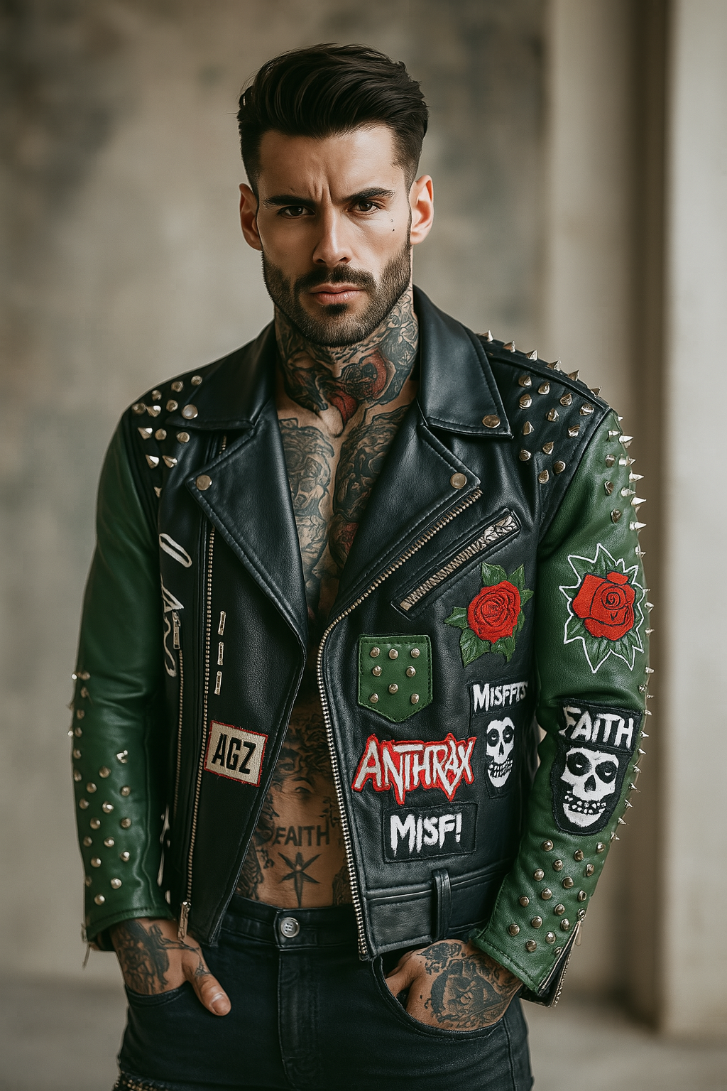 Black & Green Studded Punk Patch Leather Biker Jacket