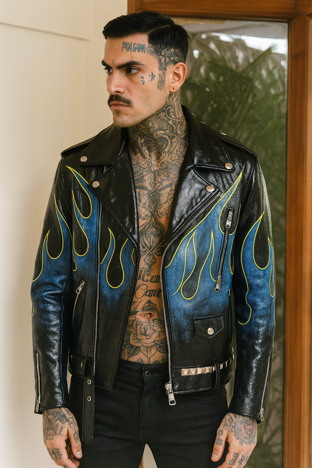 Black & Blue Flame Painted Leather Biker Jacket