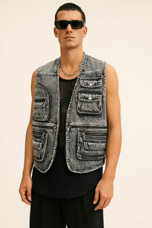 Acid-Wash Multi-Pocket Utility Denim Vest