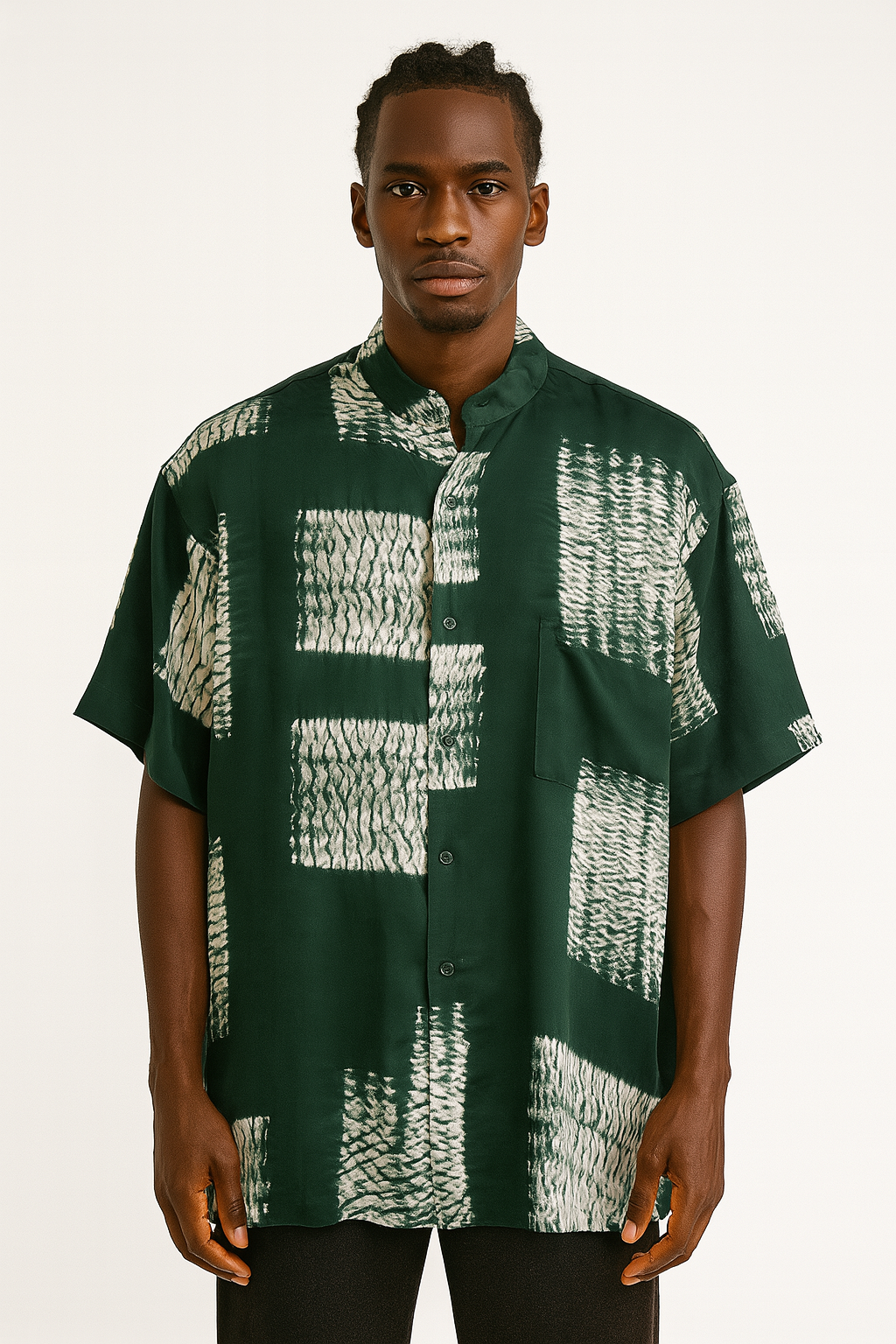 Green Abstract Print Band Collar Shirt