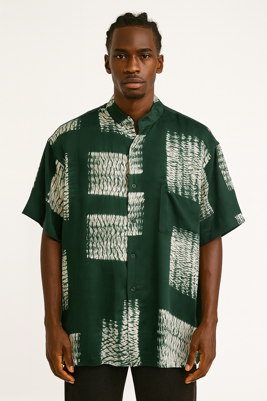Green Abstract Print Band Collar Shirt