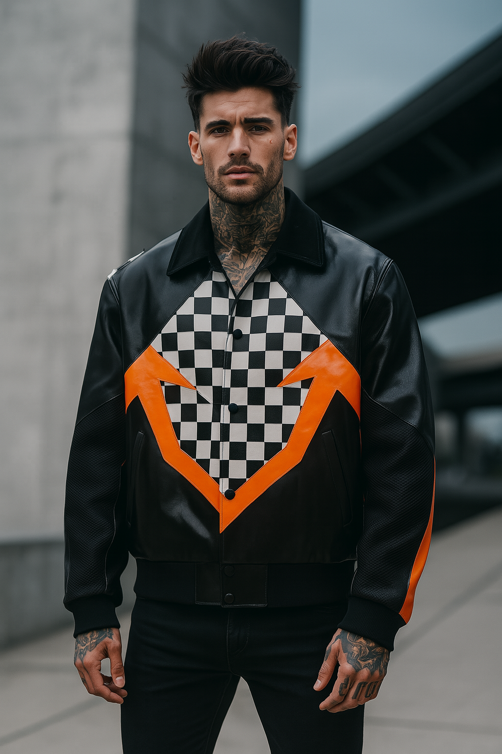Black Racing Leather Jacket with Checkerboard Panel