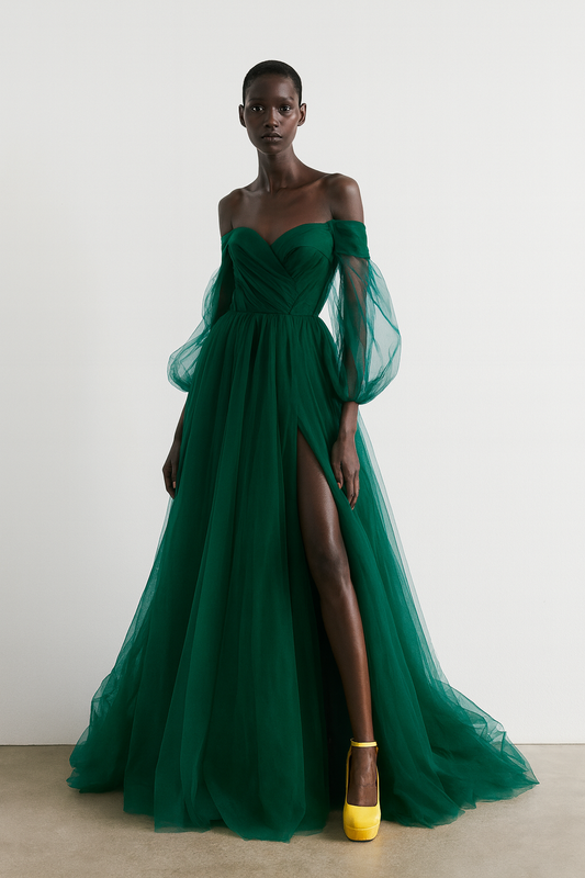Emerald Off-Shoulder Tulle Gown