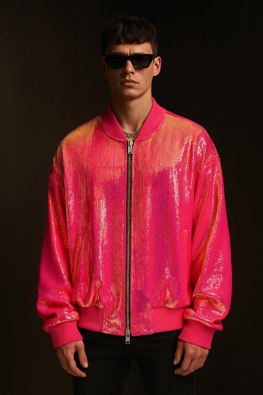 Hot Pink High-Shine Sequin Bomber Jacket