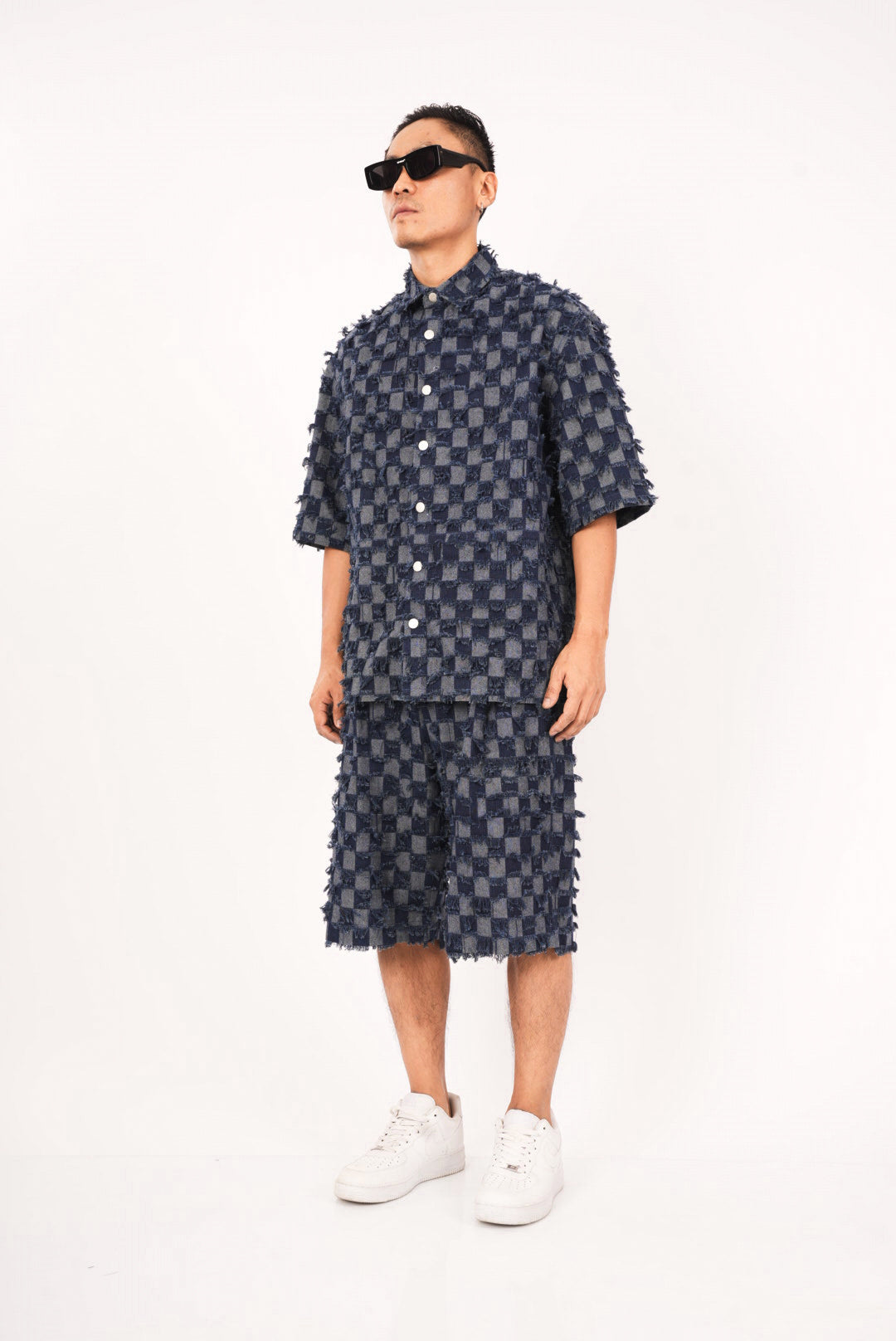 Blue Textured Checkered Shorts Co-ord Set