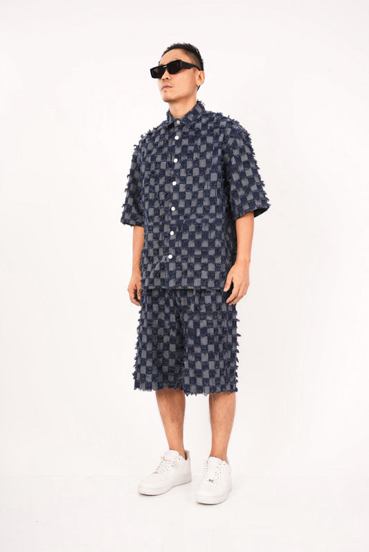Blue Textured Checkered Shorts Co-ord Set