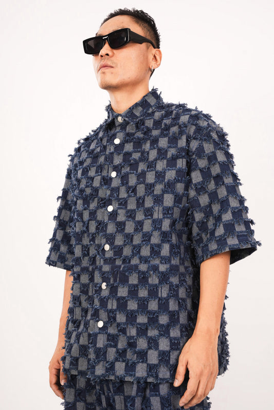 Distressed Checkerboard Denim Shirt