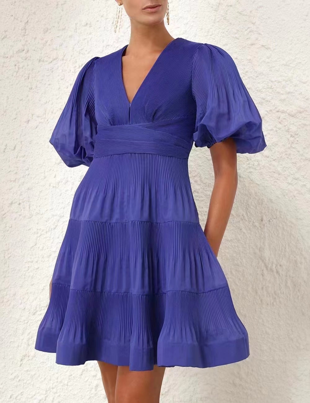 Royal Blue Pleated Puff Sleeve Mini Dress