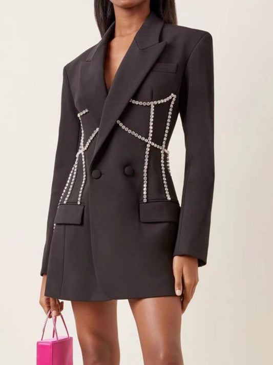 Black Crystal Embellished Blazer Dress