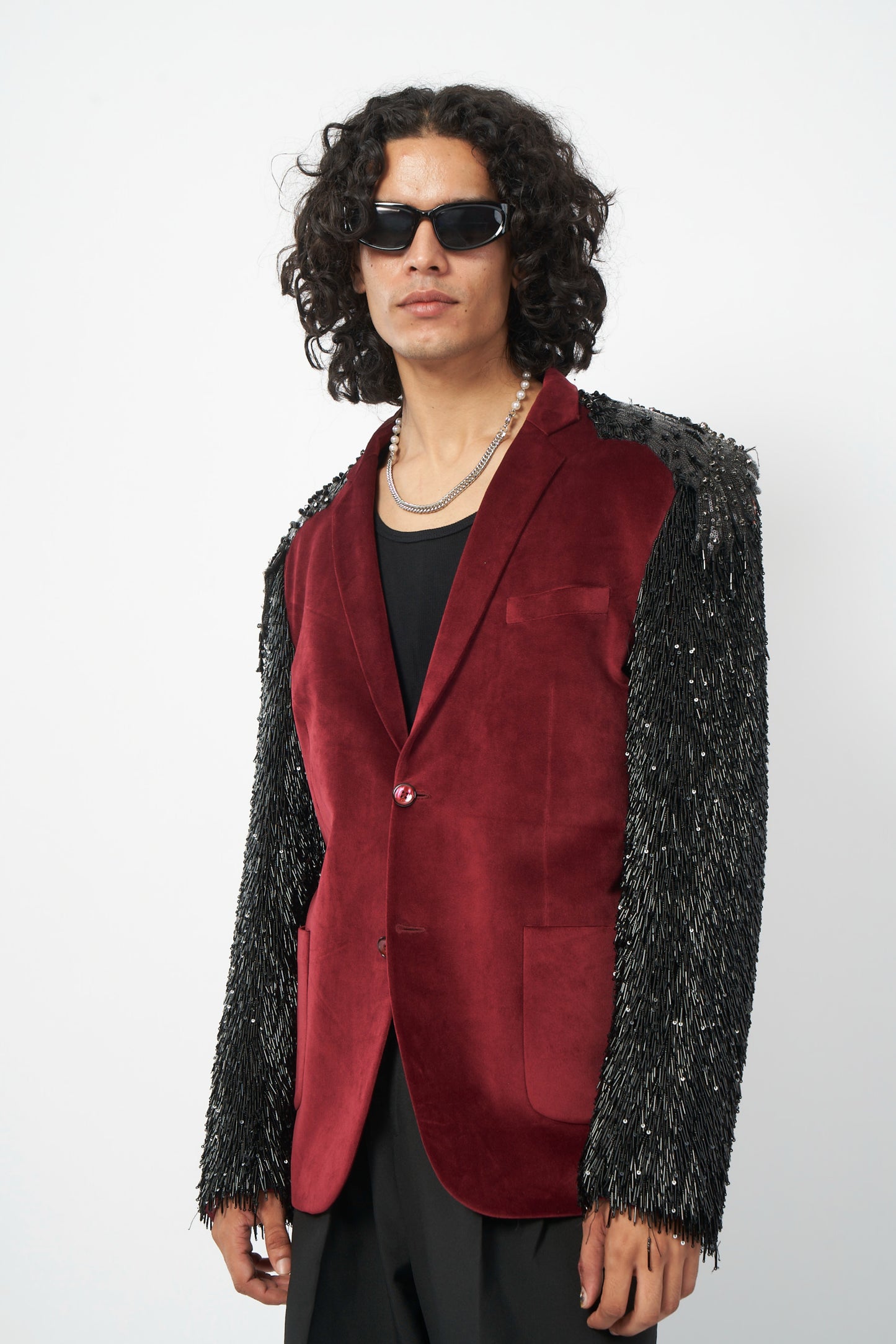 Burgundy Velvet Blazer with Black Beaded Fringe Sleeves