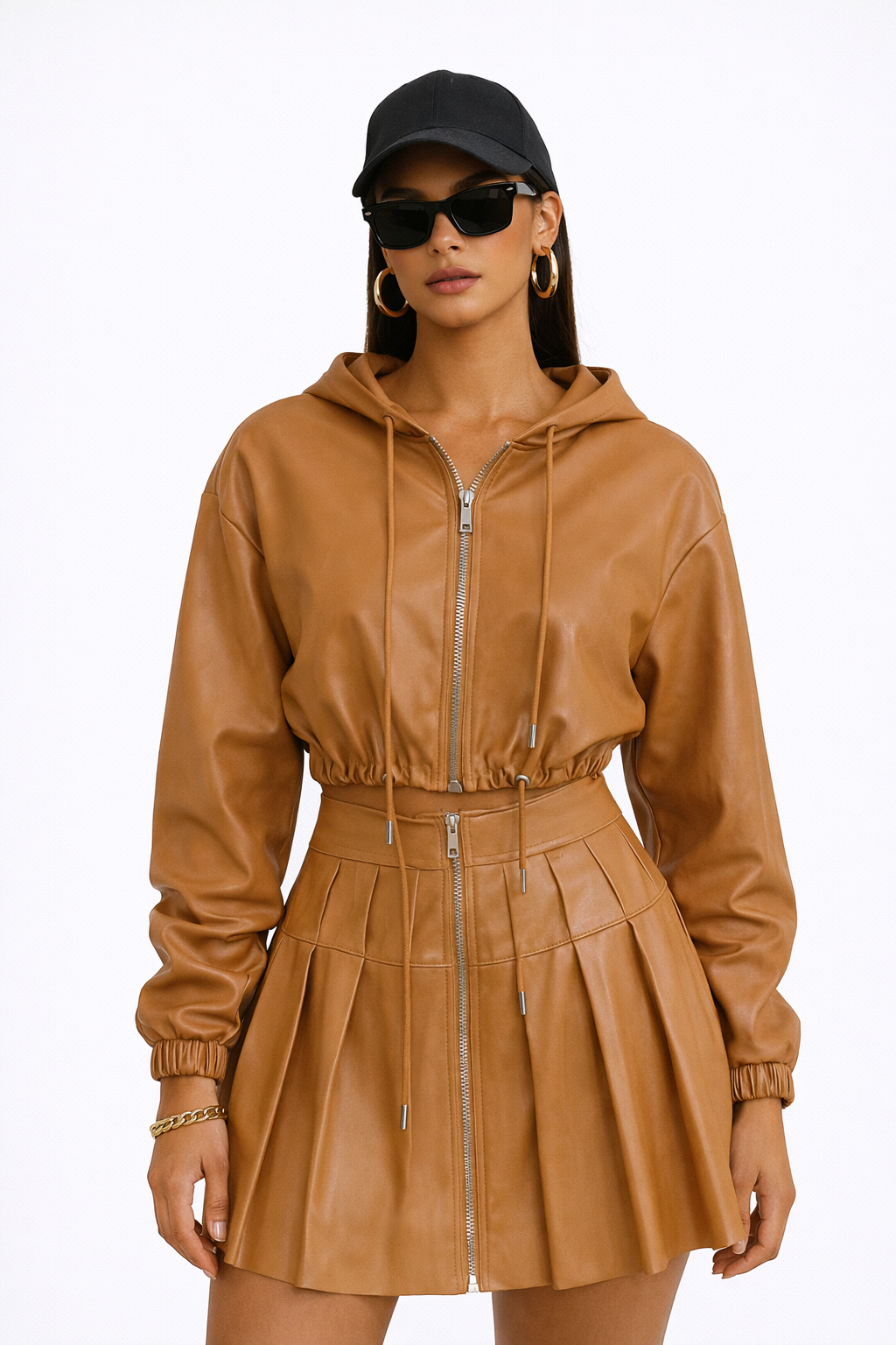 Caramel Faux Leather Pleated Skirt Set