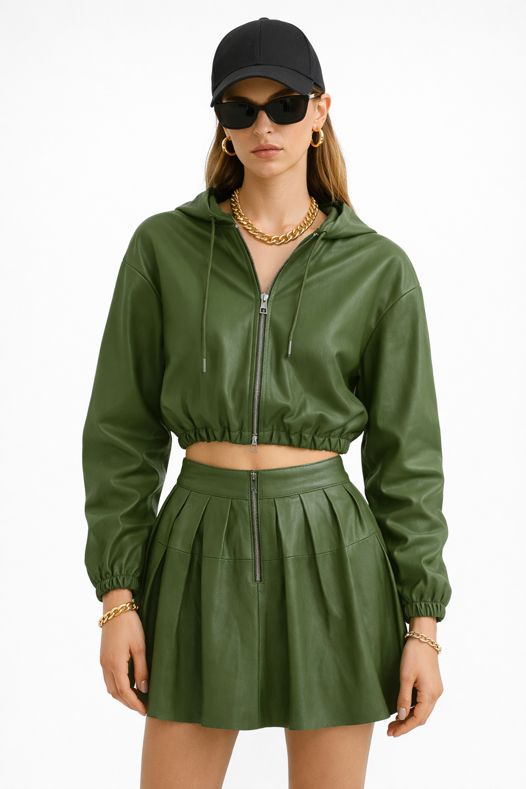 Olive Faux Leather Pleated Skirt Set
