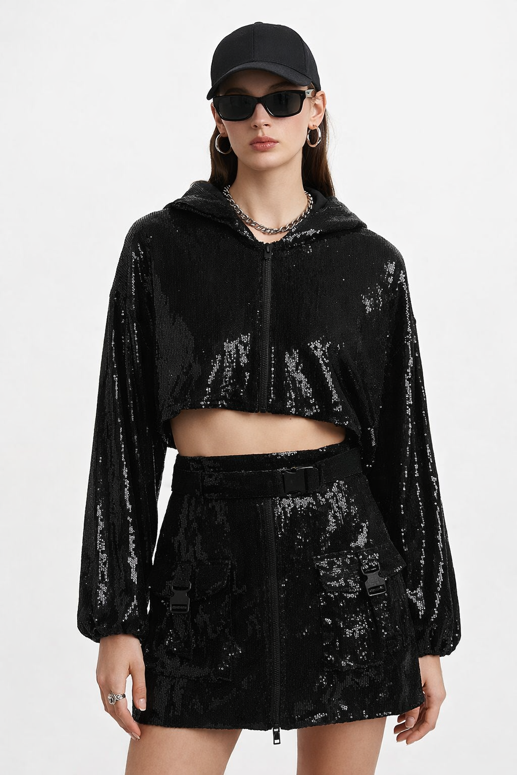 Black Sequin Cargo Skirt Set