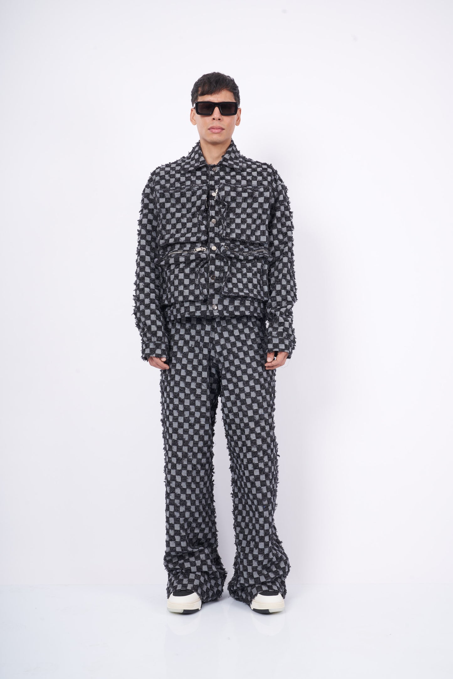 Black Textured Checkered Coord Set