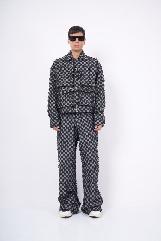 Black Textured Checkered Coord Set