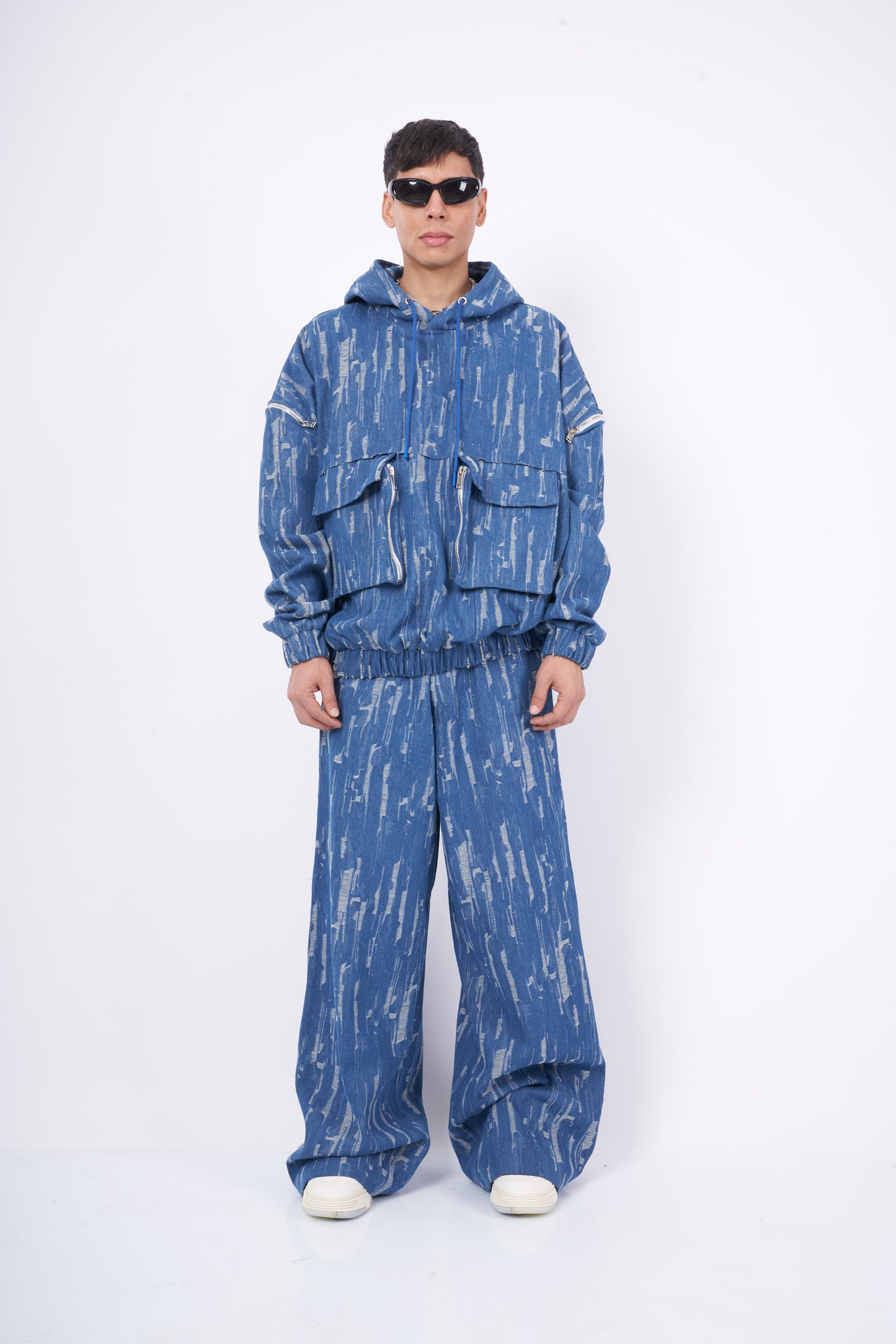 Blue Distressed Print Oversized Hoodie Cargo Coord Set