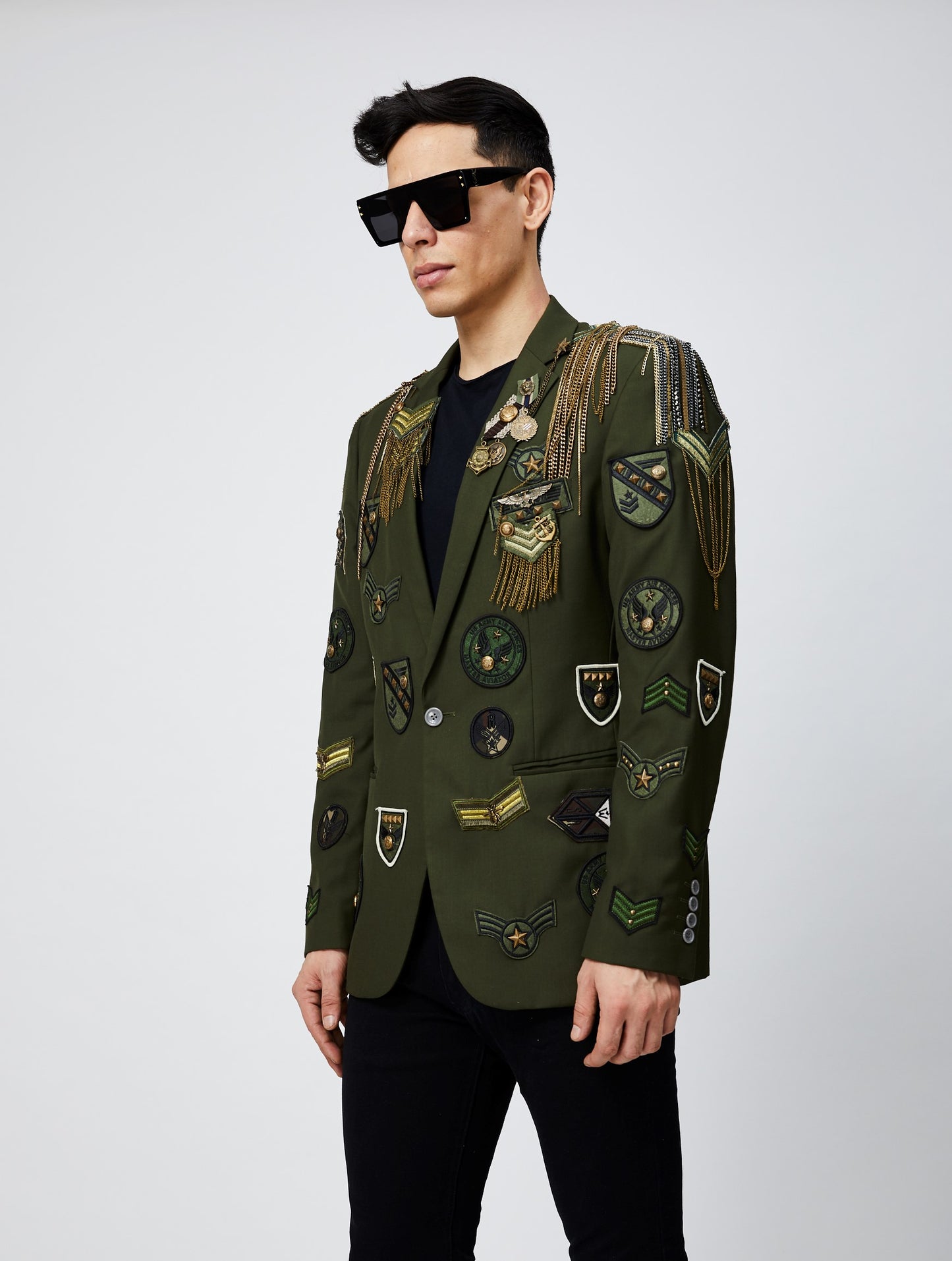 Olive Military-Inspired Badge & Chain Embellished Blazer